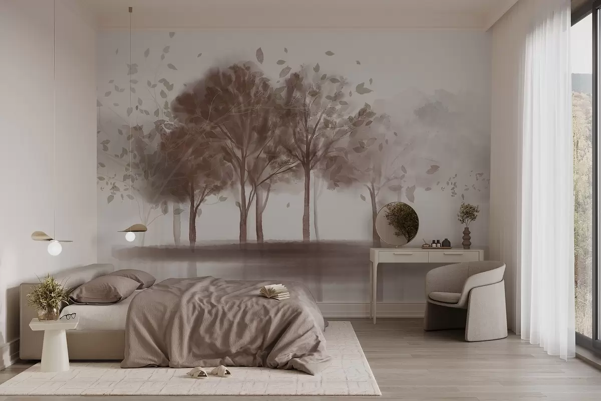 Fototapetes Abstrakta ainava ar kokiem ar brūnām lapām, kas atspoguļojas ūdenī, akvareļa faktūras stilā w09109v1