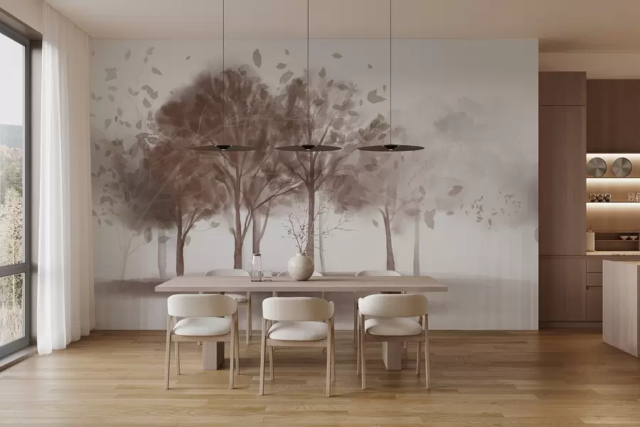 Fototapetes Abstrakta ainava ar kokiem ar brūnām lapām, kas atspoguļojas ūdenī, akvareļa faktūras stilā w09109v1