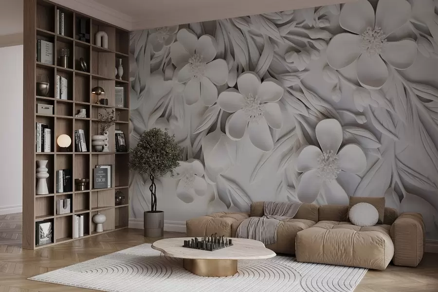 Fototapetes Balti ziedi un lapas baltā fonā, ziedu elegants, dekoratīvs dizains, sarežģītas detaļas w09113