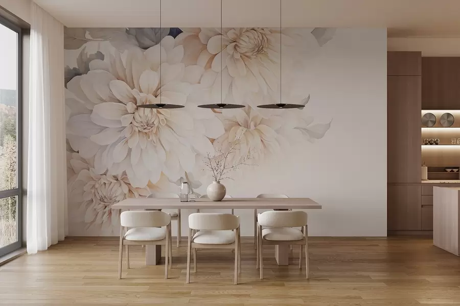 Fototapetes Pastelis dālijas ar maigiem, maigiem, maigiem persiku un baltiem ziedlapiņām akvareļu stilā, mīksts fons w09115