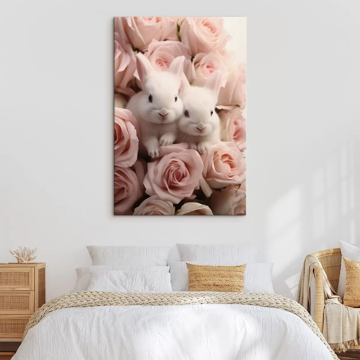 Glezna Divi balti truši maigos rožu ziedos s44380