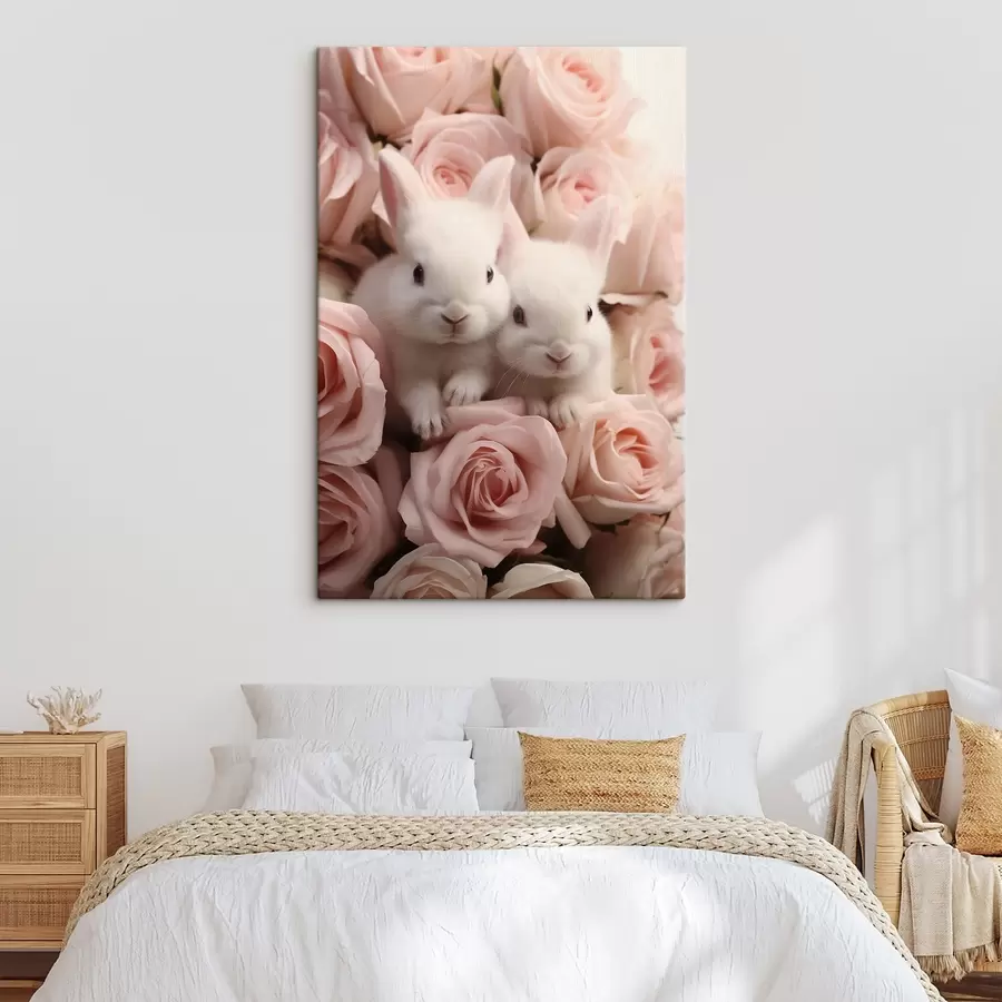 Glezna Divi balti truši maigos rožu ziedos s44380