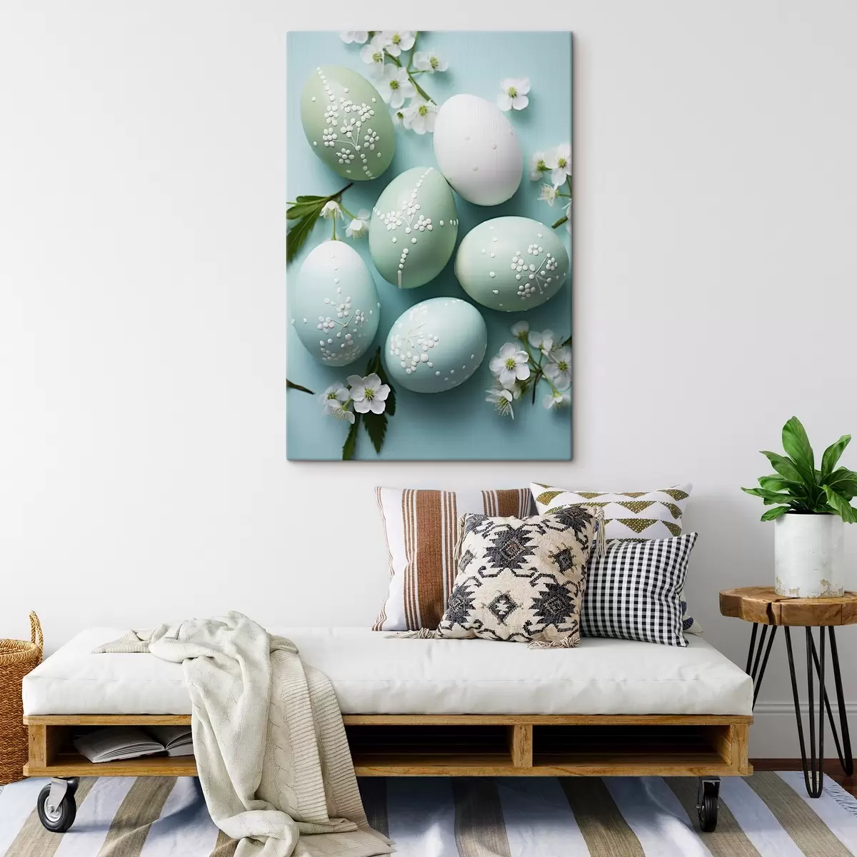 Glezna Zaķis ar ziediem uz maiga smilškrāsas fona akvareļu stilā s44386