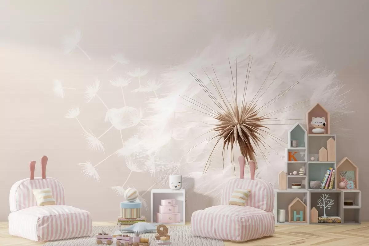 Fototapetes Mūsdienīga maiga ziedu kompozīcija ar pilnībā uzziedējušu pieneņu galviņu un peldošām sēklām uz maigas tekstilmateriāla tekstūras w03939