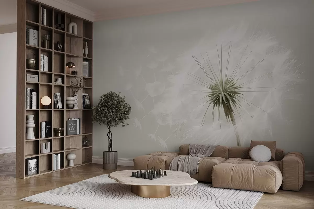 Fototapetes Mūsdienīga maiga ziedu kompozīcija ar pilnībā uzziedējušu pieneņu galviņu un peldošām sēklām uz maigas tekstilmateriāla tekstūras w03939v1