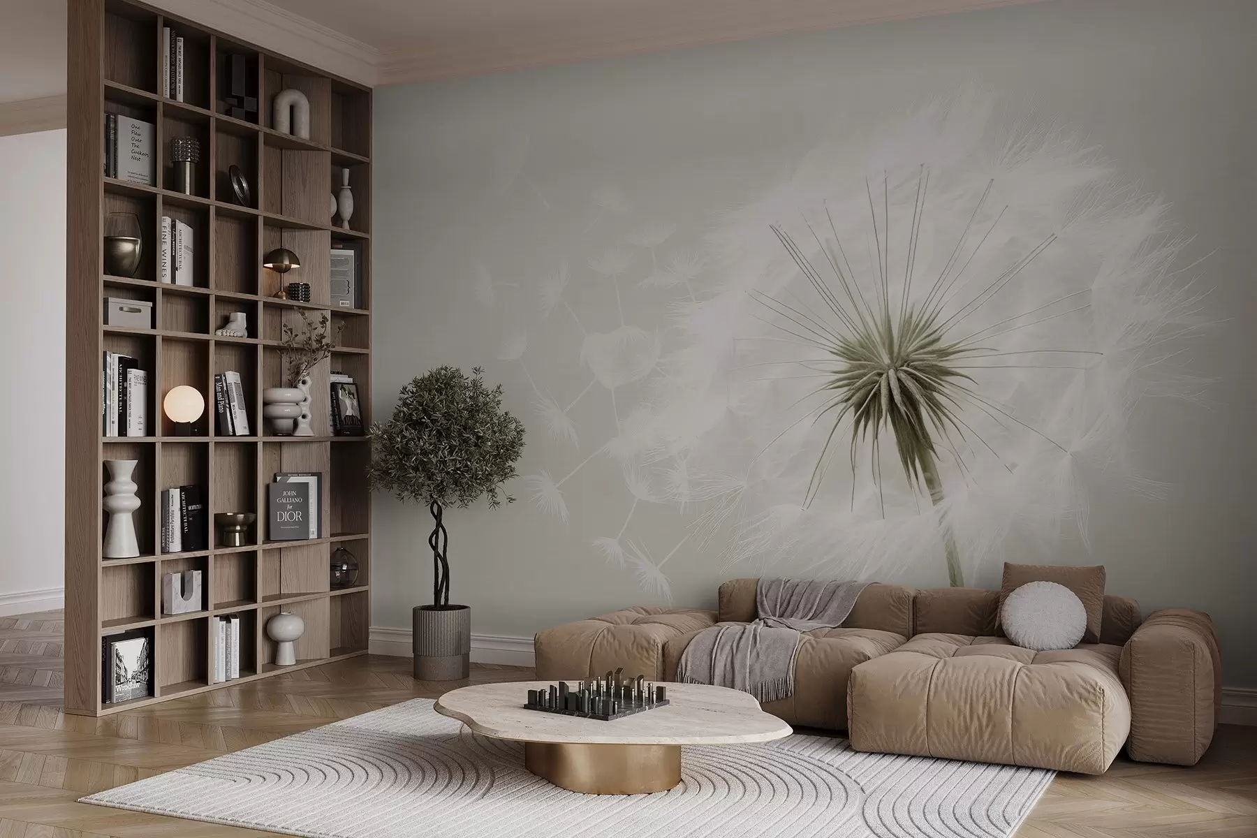 Fototapetes Mūsdienīga maiga ziedu kompozīcija ar pilnībā uzziedējušu pieneņu galviņu un peldošām sēklām uz maigas tekstilmateriāla tekstūras w03939v1