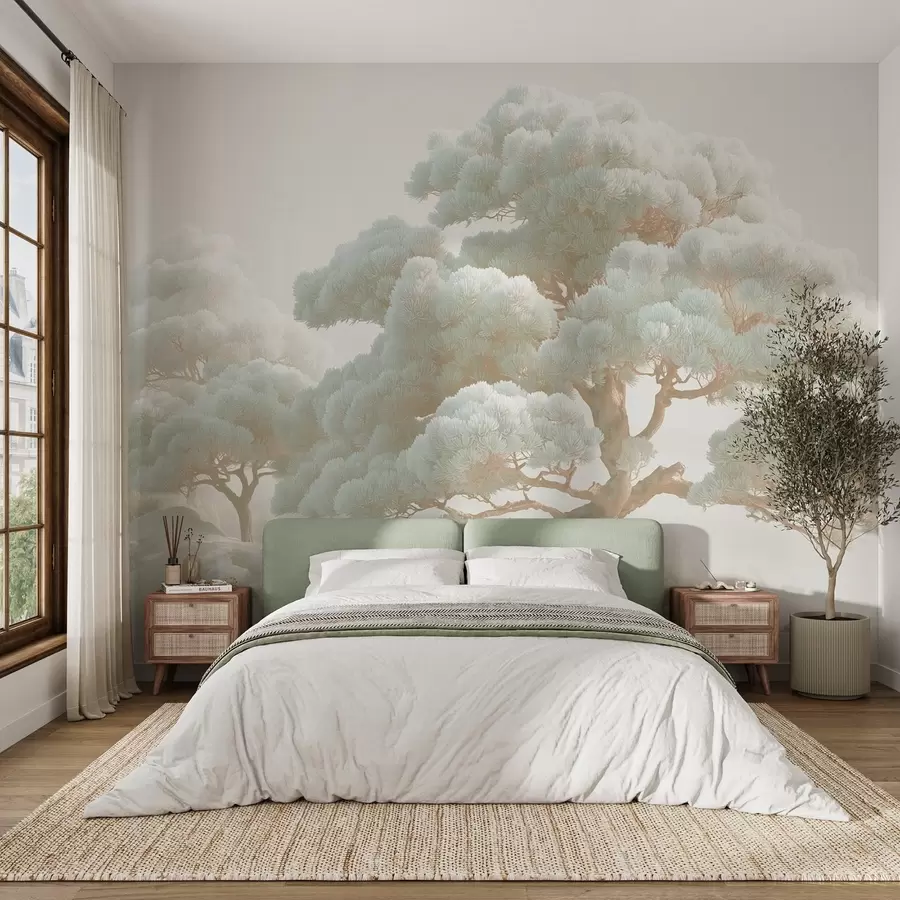 Fototapetes Priedes miglā maigos toņos stāv mežā w09122