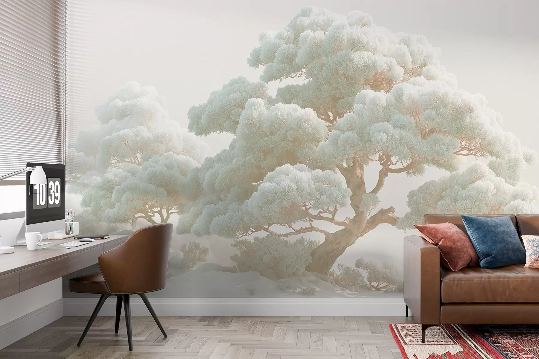 Fototapetes Priedes miglā maigos toņos stāv mežā w09122