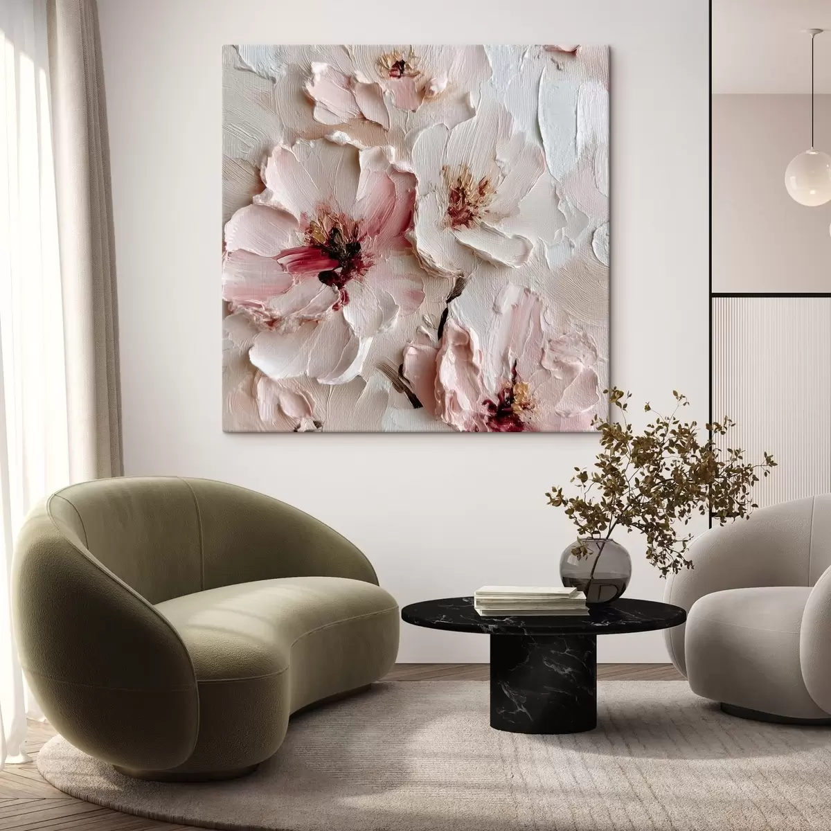 Glezna Ziedi ar impasto stila imitāciju rozā un baltiem triepieniem s44333