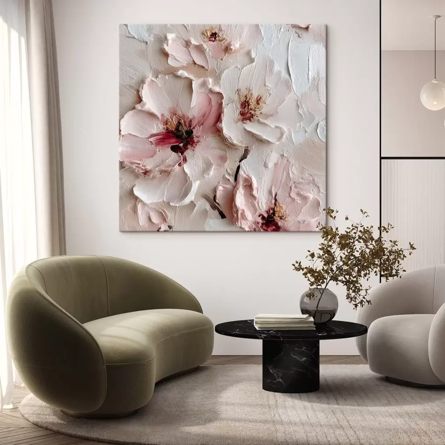 Glezna Ziedi ar impasto stila imitāciju rozā un baltiem triepieniem s44333