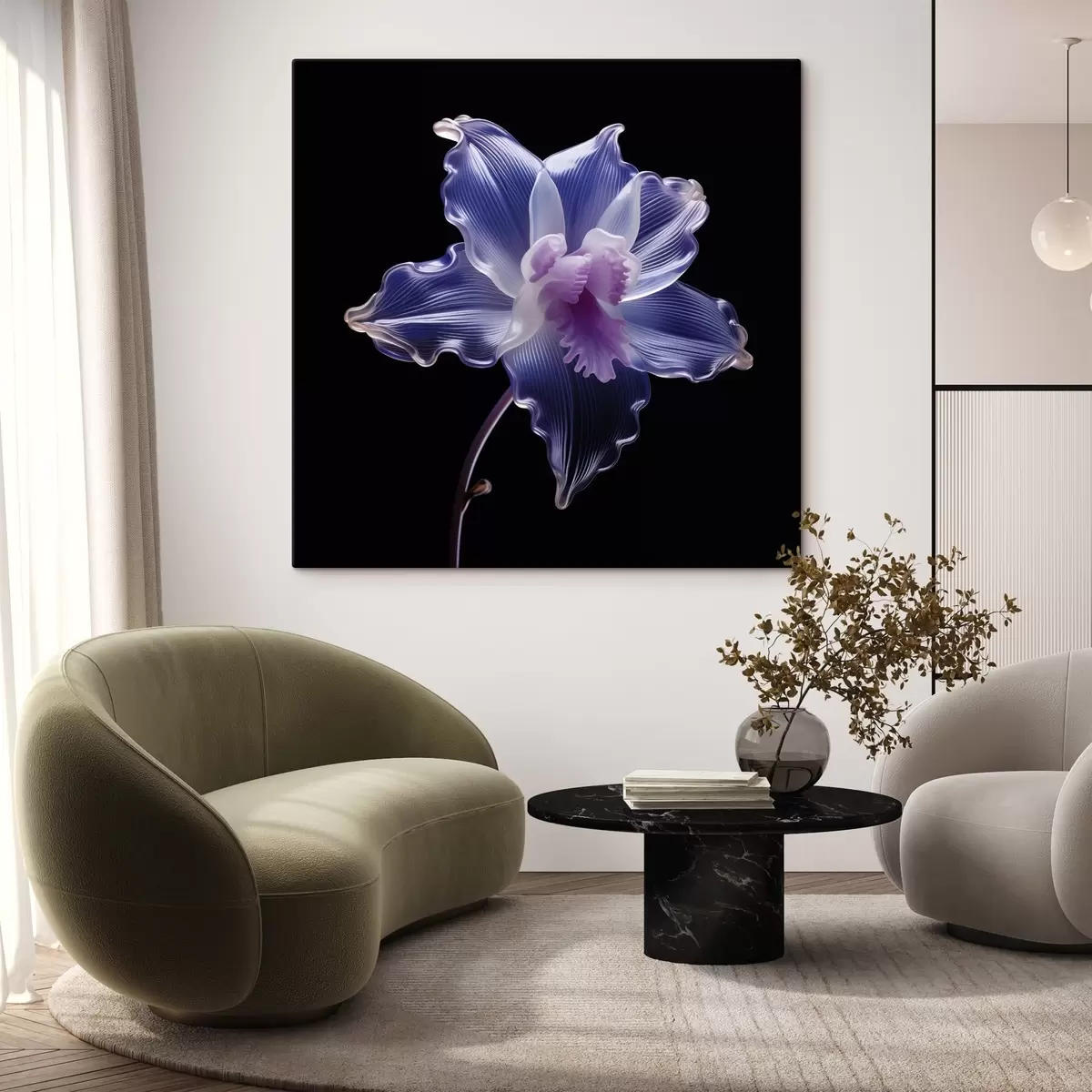 Glezna Caurspīdīgi ziedlapiņas ar dzīslām uz melna fona s44347