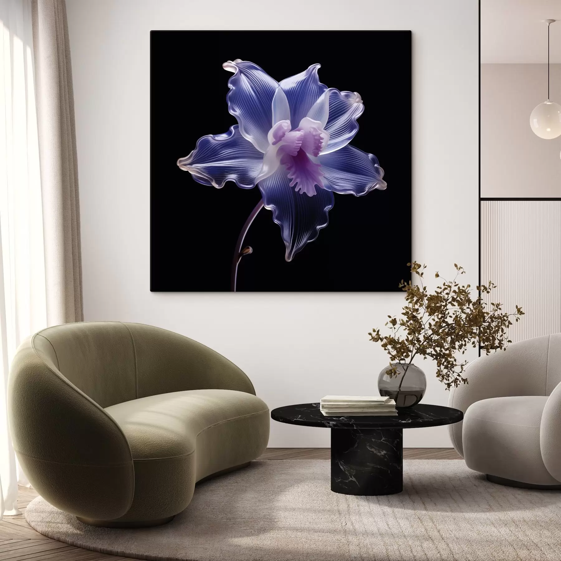 Glezna Caurspīdīgi ziedlapiņas ar dzīslām uz melna fona s44347