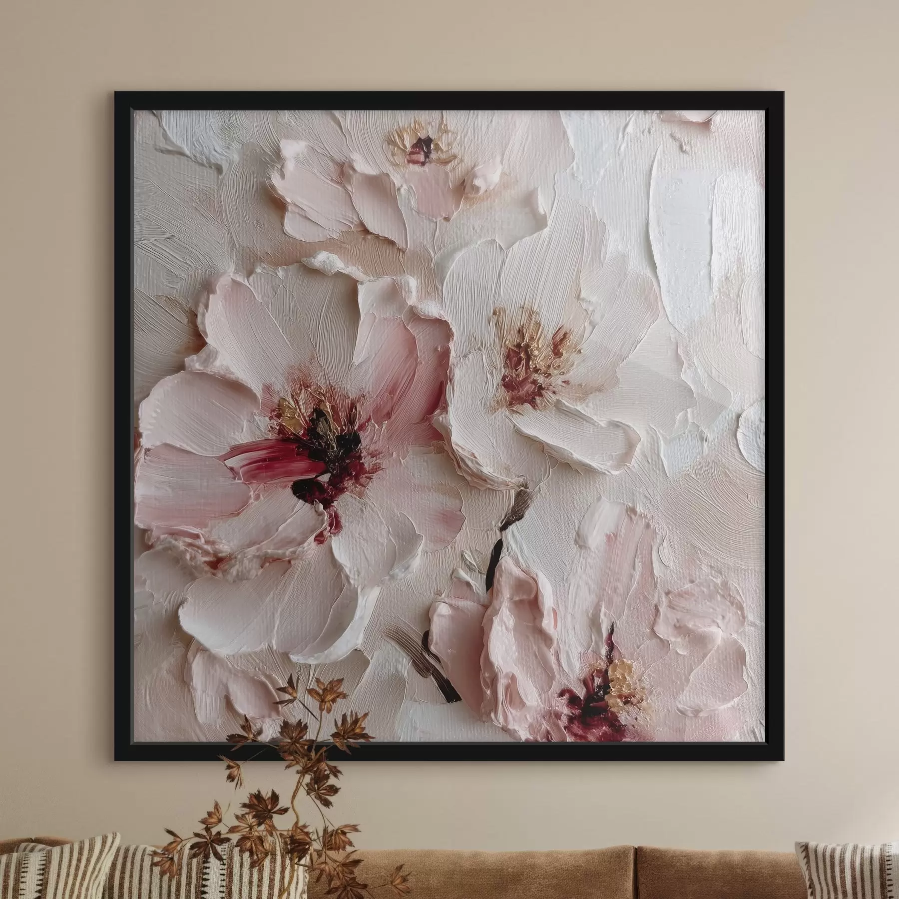 Fototapetes Ziedi ar impasto stila imitāciju rozā un baltiem triepieniem f44333