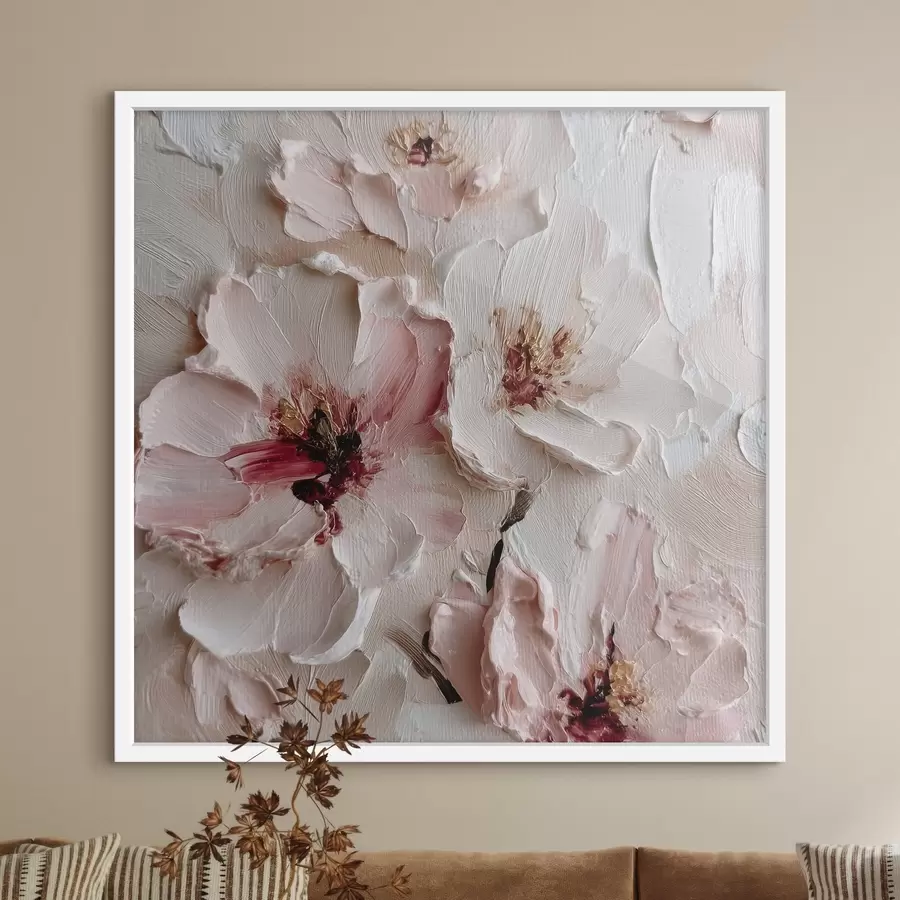 Fototapetes Ziedi ar impasto stila imitāciju rozā un baltiem triepieniem f44333