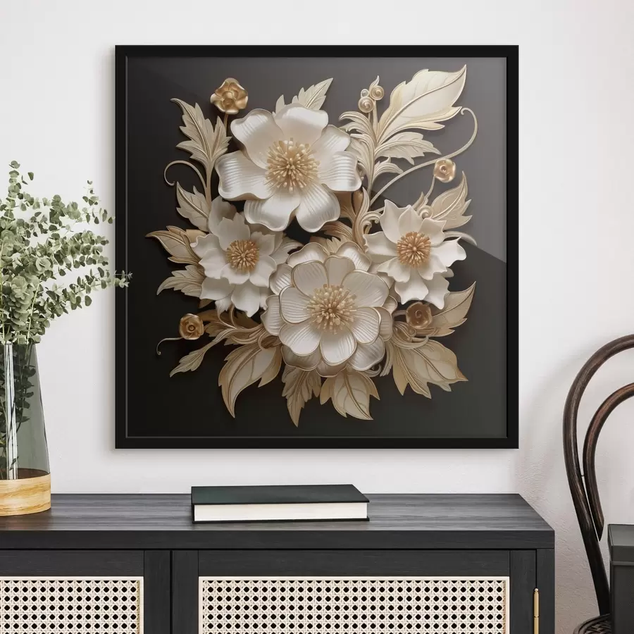 Fototapetes Apjomīgi balti ziedi uz melna fona f44340