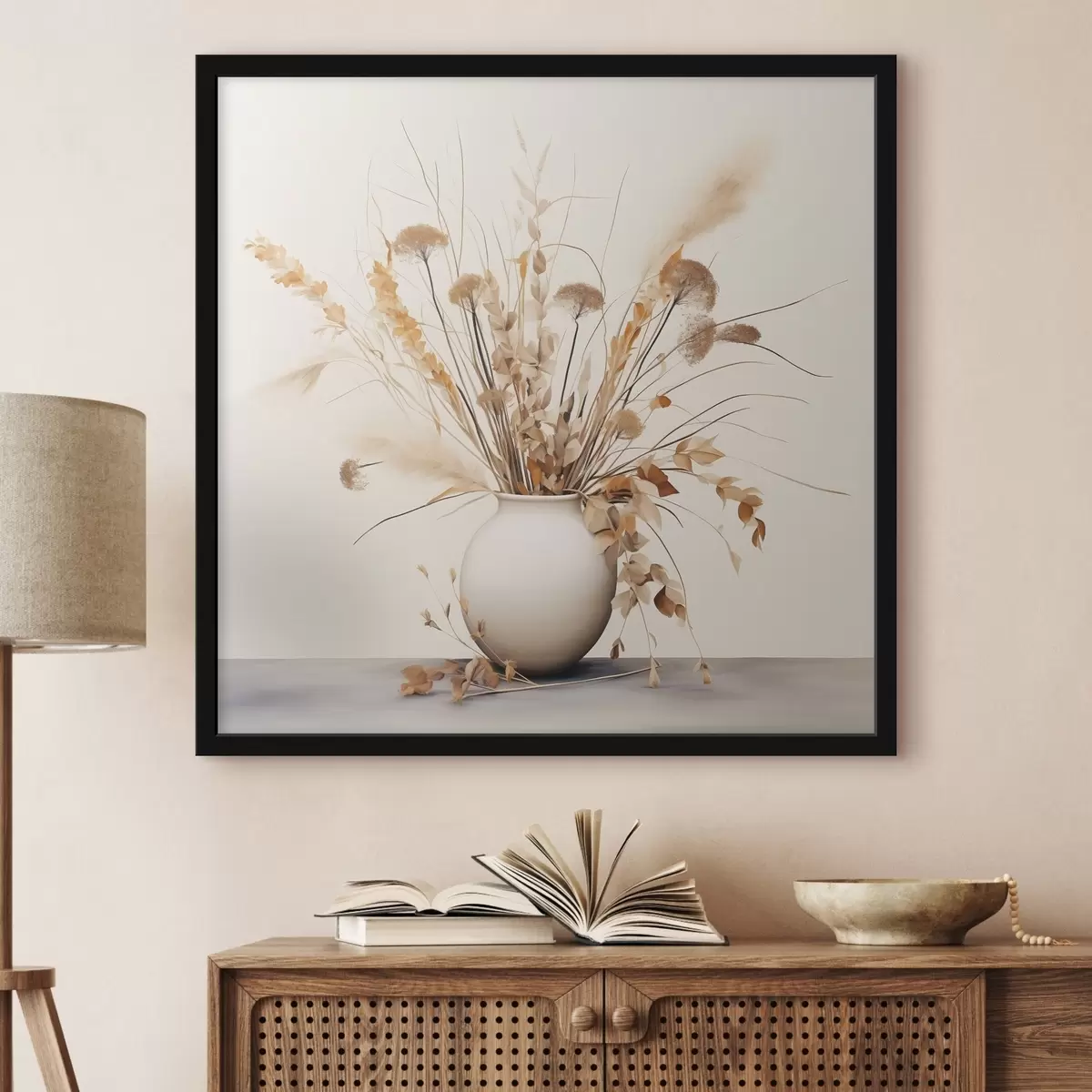 Plakāts Žāvētu zālienu un ziedu kompozīcija baltā vāzē f44348