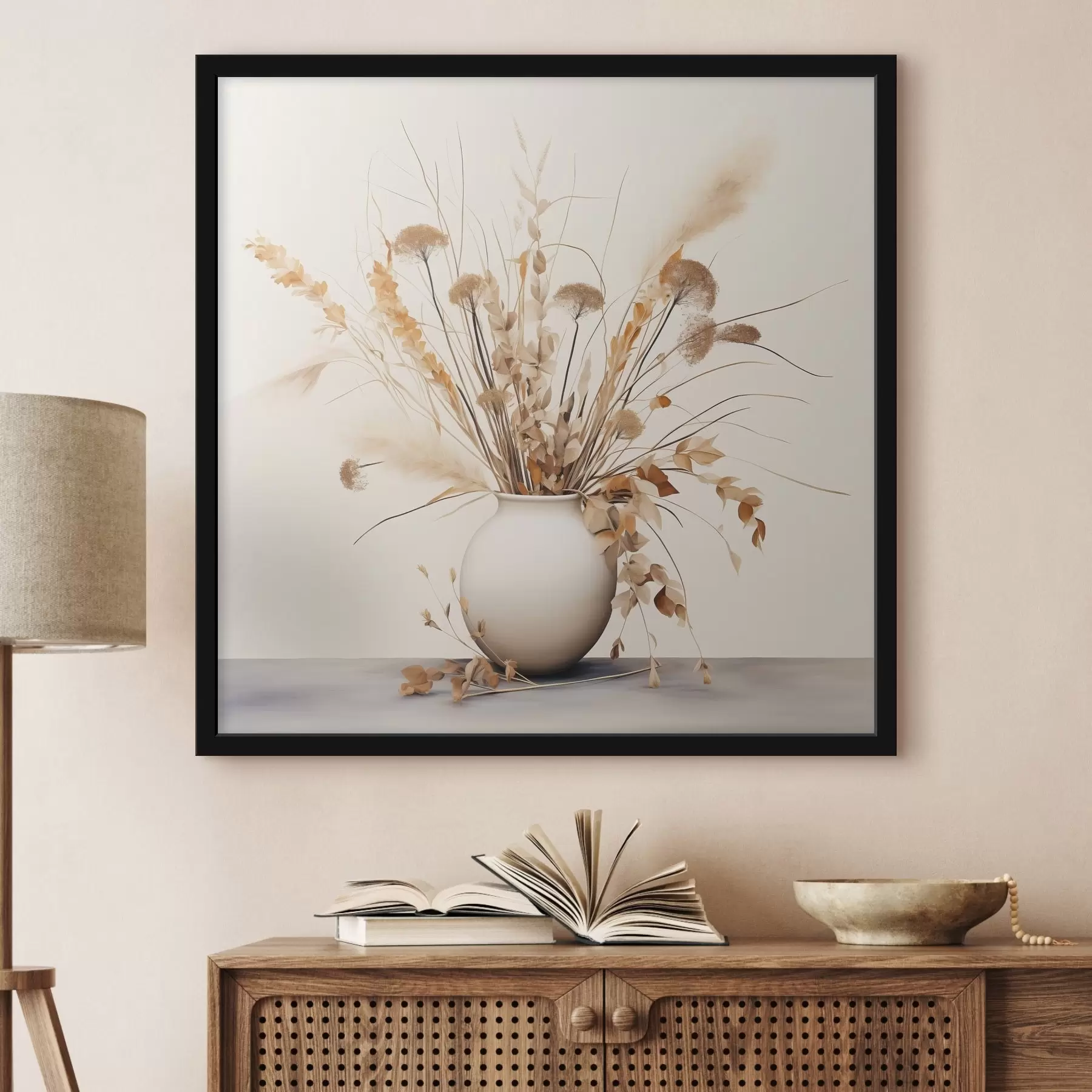 Fototapetes Žāvētu zālienu un ziedu kompozīcija baltā vāzē f44348