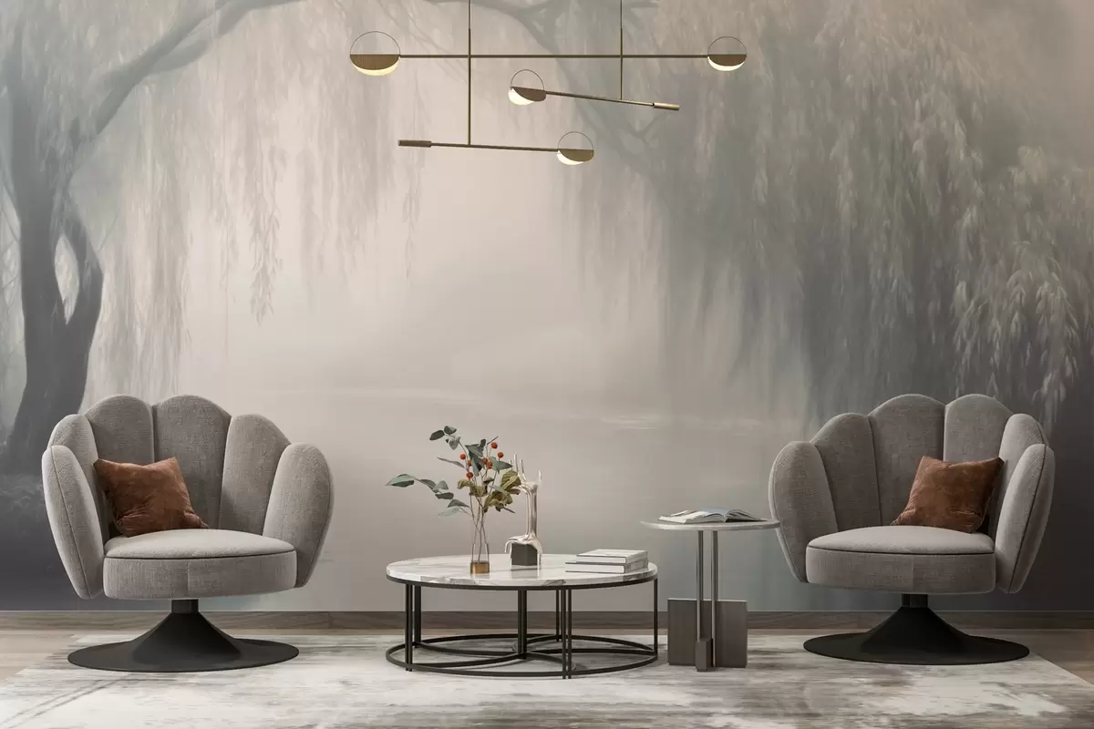 Fototapetes Mistiska vītolu krasta vieta rīta miglā w03995