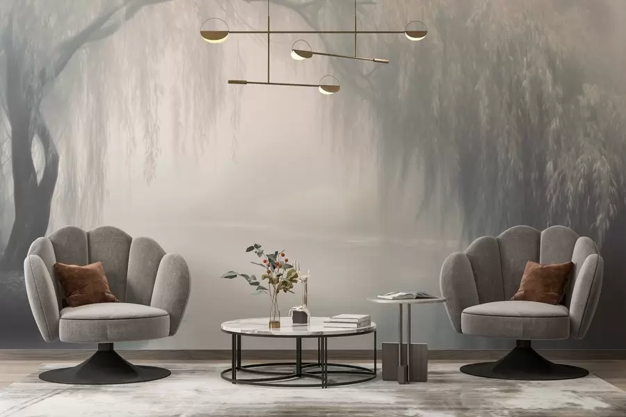 Fototapetes Mistiska vītolu krasta vieta rīta miglā w03995