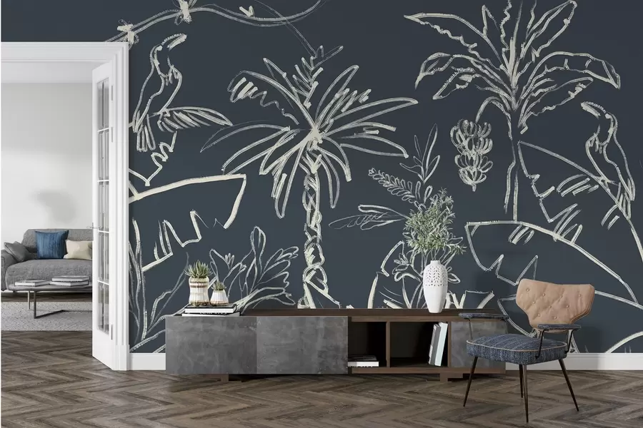 Fototapetes Tropu raksts uz tumši zila fona, palmas, banāni w04020v4