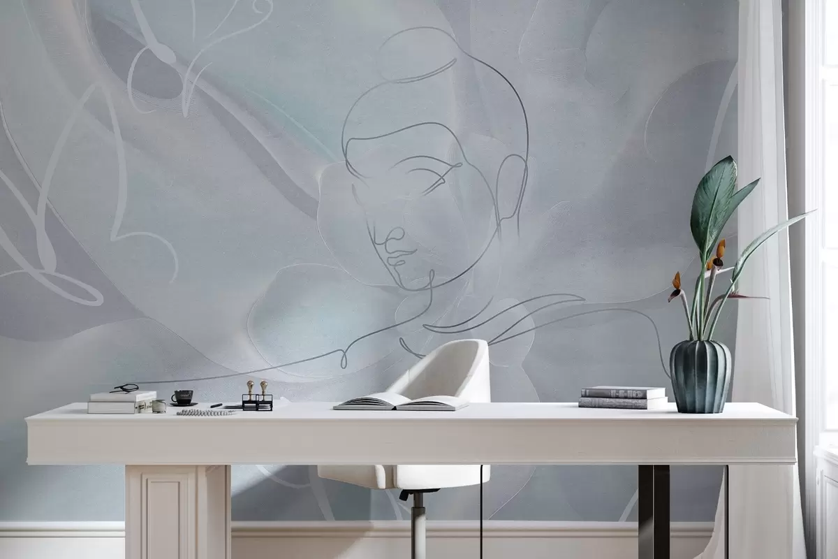 Fototapetes Ziedu abstrakcija ar Budas līnijas zīmējumu, zilas krāsas w04004v1