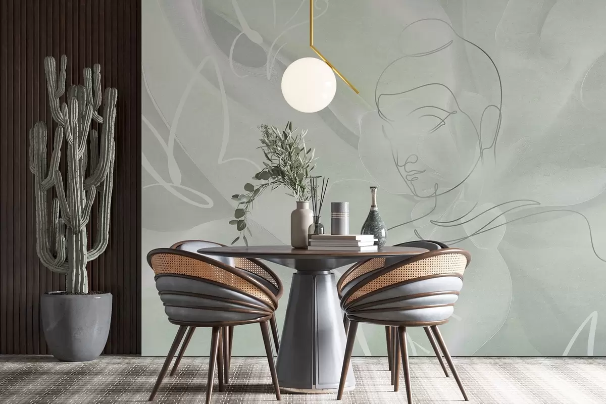 Fototapetes Ziedu abstrakcija ar Budas līnijas zīmējumu, zaļas krāsas w04004v3