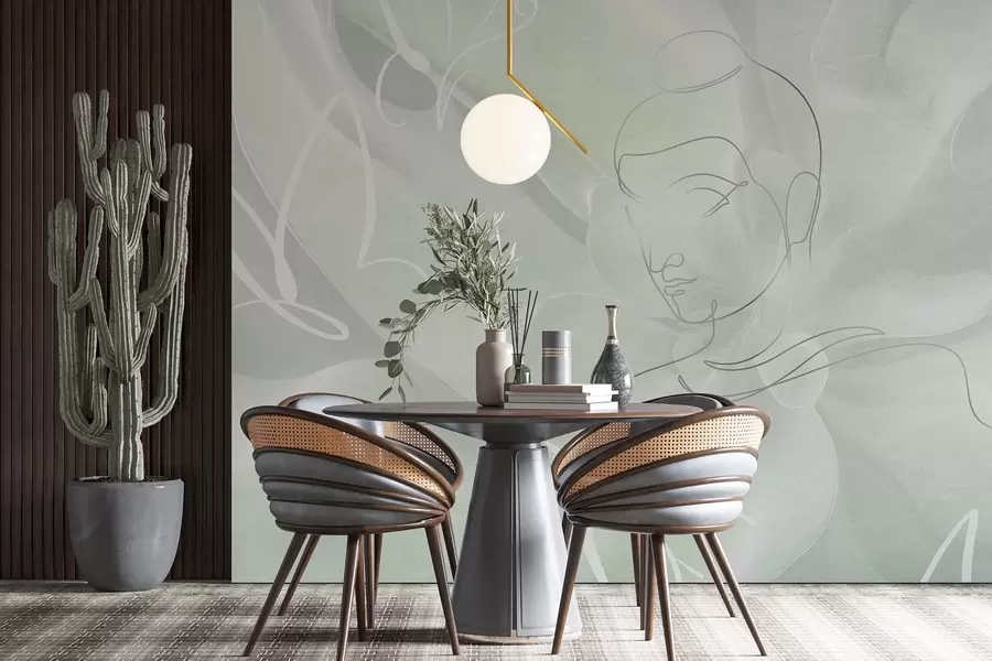 Fototapetes Ziedu abstrakcija ar Budas līnijas zīmējumu, zaļas krāsas w04004v3