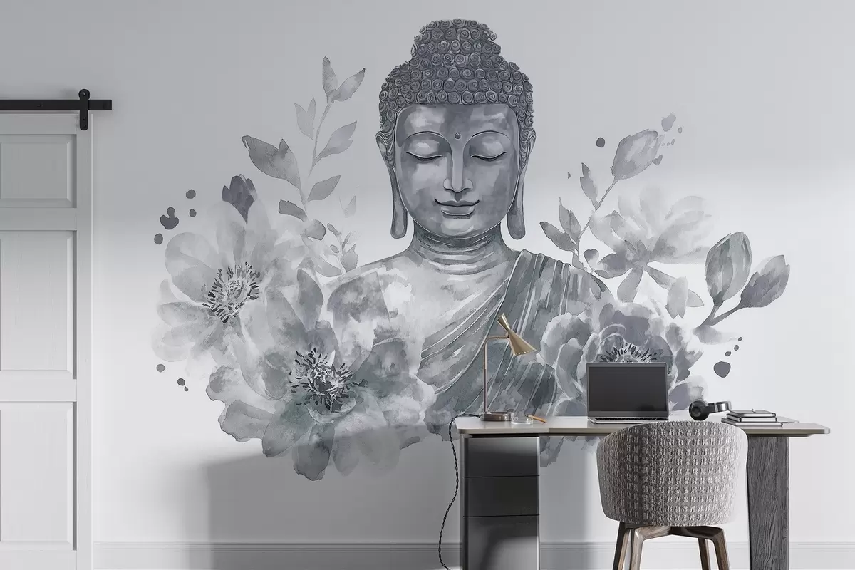 Fototapetes Akvareļu Buda ar ziediem, garīgs, pelēks krāsu palete  w04005v1