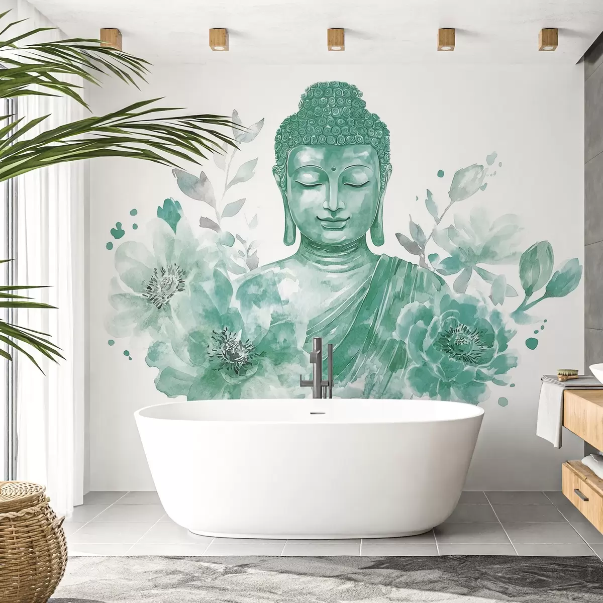 Fototapetes Akvareļu Buda ar ziediem, garīgo, zaļo krāsu paleti  w04005v3