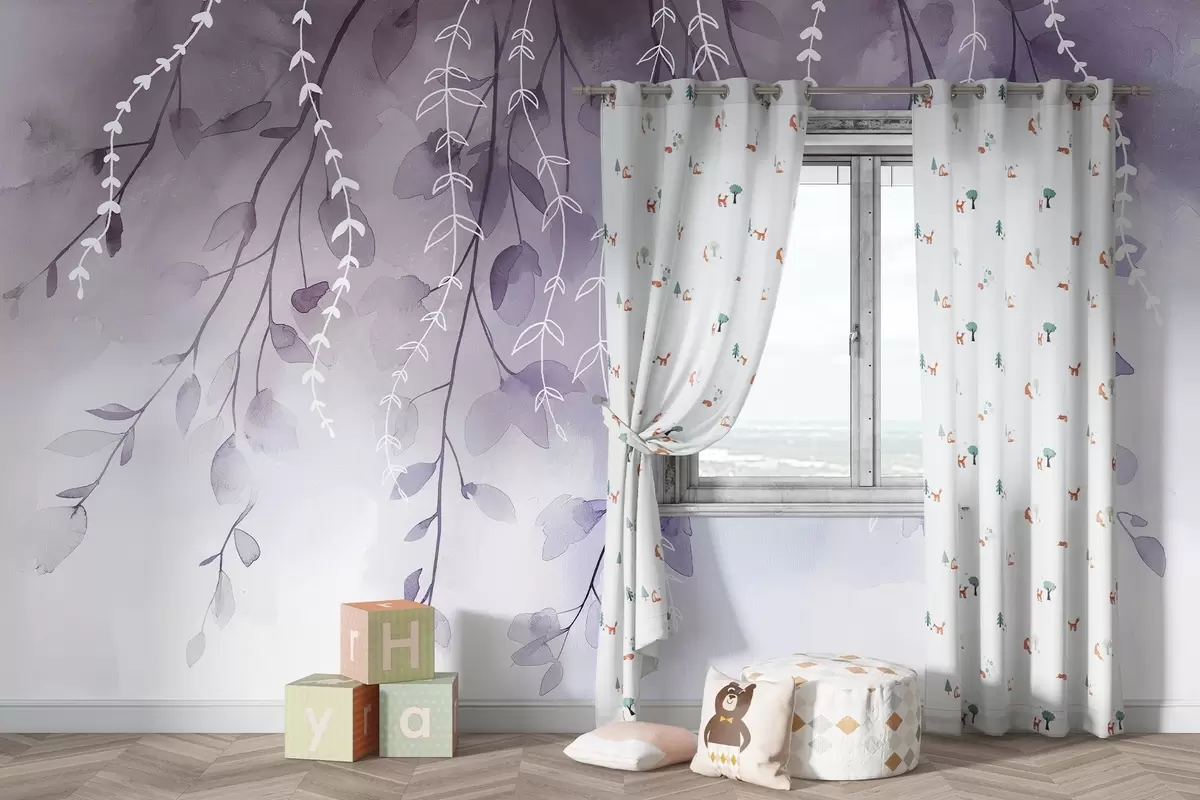 Fototapetes Zari ar lapām akvareļu stilā, dabiski violetas krāsas w04007v2