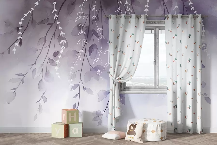 Fototapetes Zari ar lapām akvareļu stilā, dabiski violetas krāsas w04007v2