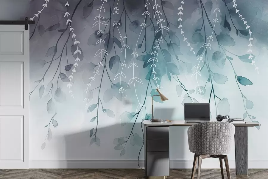 Fototapetes Zari ar lapām akvareļu stilā, dabiskās akvamarīna krāsas w04007v3