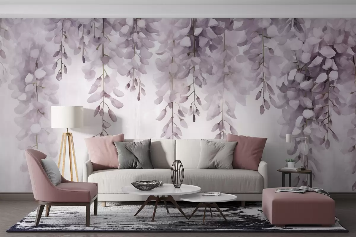 Fototapetes Akvareļa aina ar maigu ceriņu vistērijas kaskādēm no augšas, kas atgādina agra rīta miglas mieru un skaidrību w04034v3