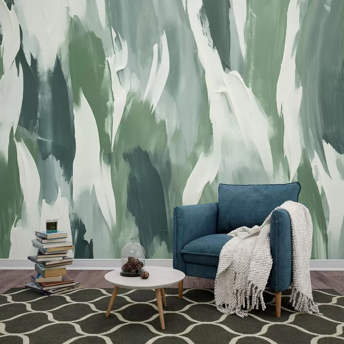 Fototapetes Abstrakta tekstūra ar drosmīgiem zaļiem un krēmkrāsas otas triepieniem, kas atgādina vēja plīvuru un organiskas kustības ritmu w04035