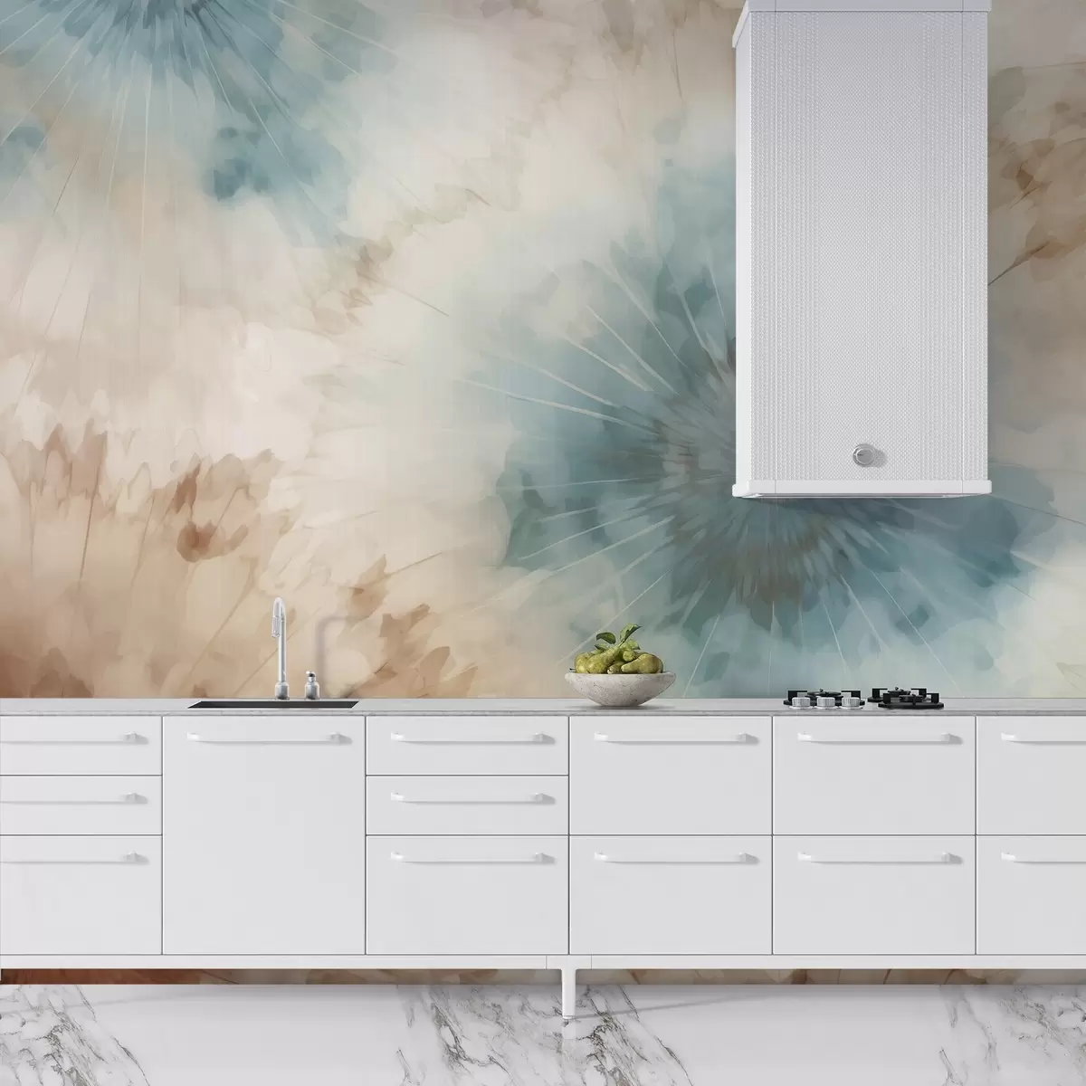 Fototapetes Debesu zilā, māla un okras toņu starojums rada maigu piezemētas enerģijas un gaisīgas izplešanās mijiedarbību, kas atgādina dabas pulsu w04036