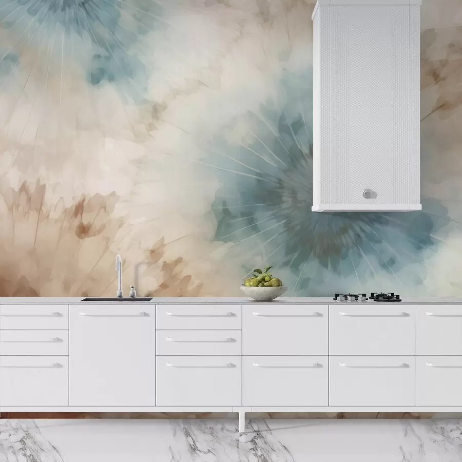 Fototapetes Debesu zilā, māla un okras toņu starojums rada maigu piezemētas enerģijas un gaisīgas izplešanās mijiedarbību, kas atgādina dabas pulsu w04036