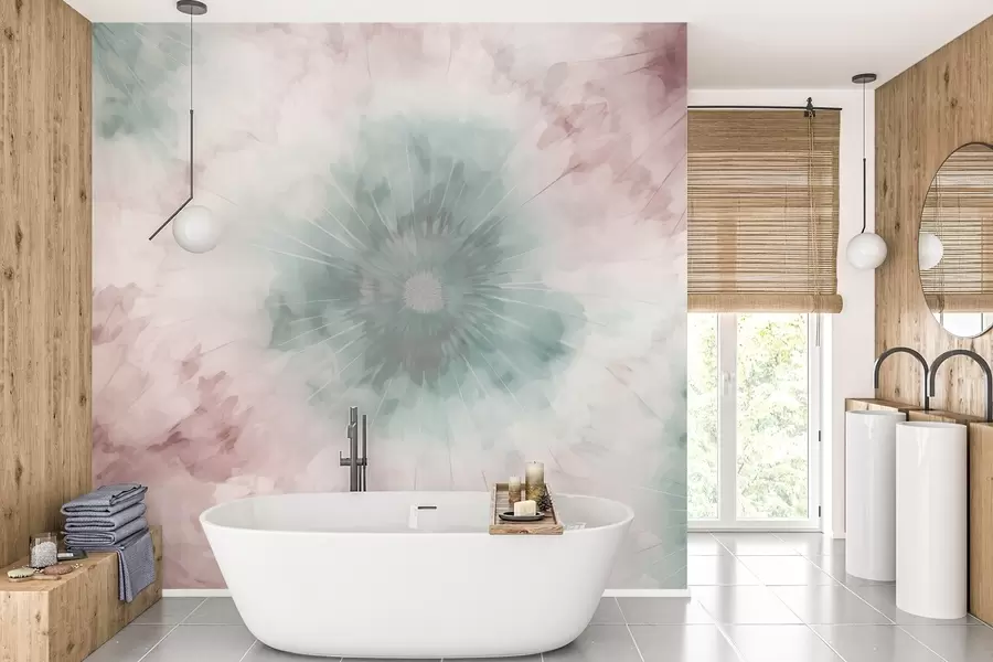 Fototapetes Akvareļkrāsas radiālais raksts, kurā saplūst miglaini zaļš un putekļaini rozā, atgādinot par rīta rasas maigumu un pirmo dienas elpu w04036v2
