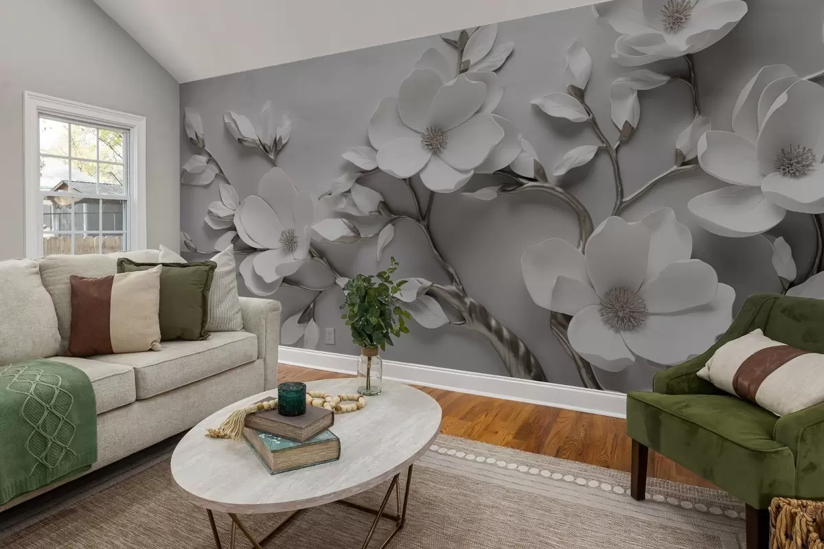 Fototapetes Izmēra ziedu zars tīri baltā un neitrālos toņos w04039v2