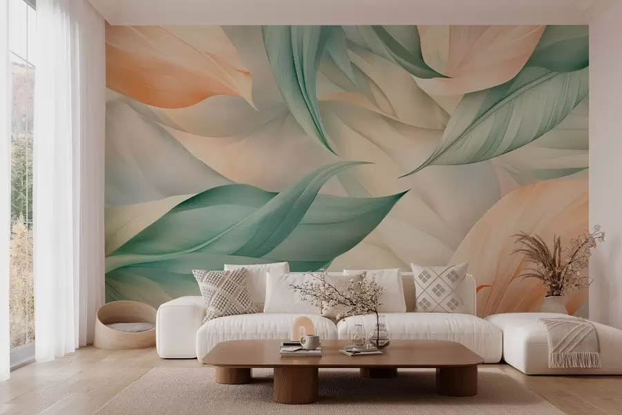 Fototapetes eksotiskas tropu lapas maigos persiku un zaļos toņos w03962