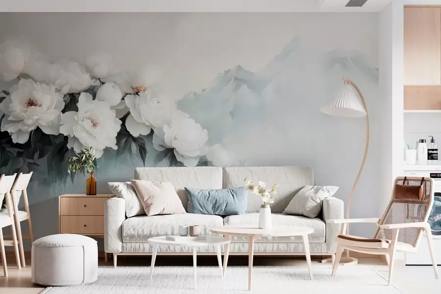 Fototapetes gleznainas sulīgi baltas peonijas uz miglainu kalnu fona w03965