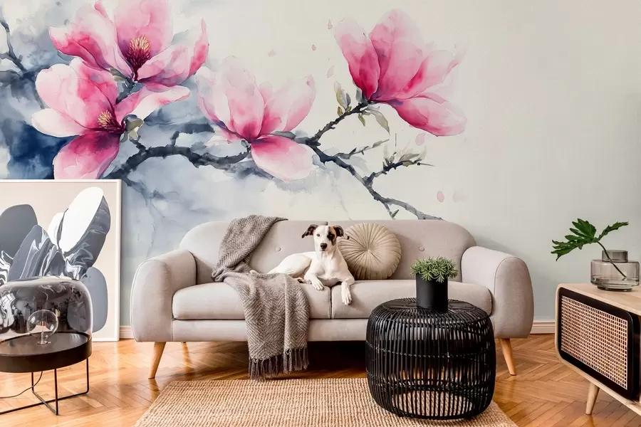 Fototapetes ziedošs rozā magnolijas zars uz ziloņkaula krāsas fona w04027