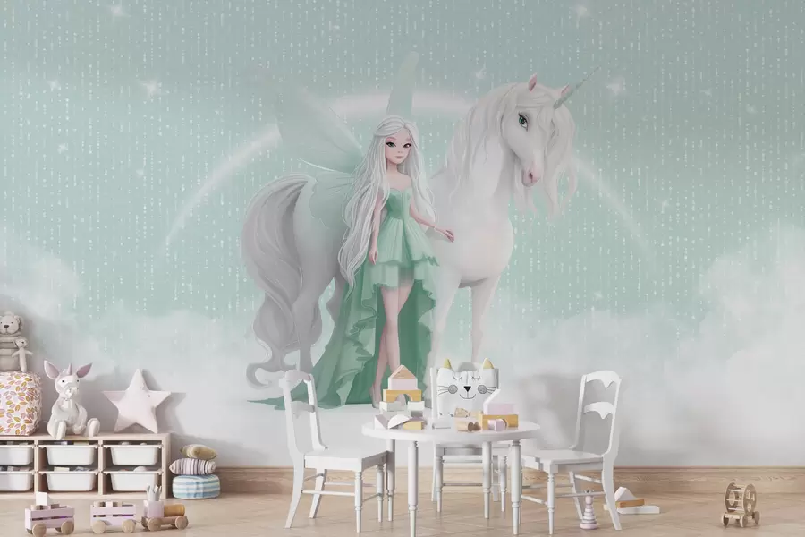 Fototapetes Pasaka ar vienradzi starp mākoņiem w03527v2