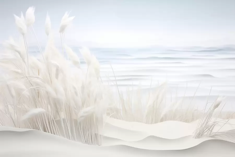 Fototapetes Ainava ar baltu pampas zāli uz smilšu kāpas, ar gaiši zilu okeānu fonā, maigs, minimālisma stils w09132