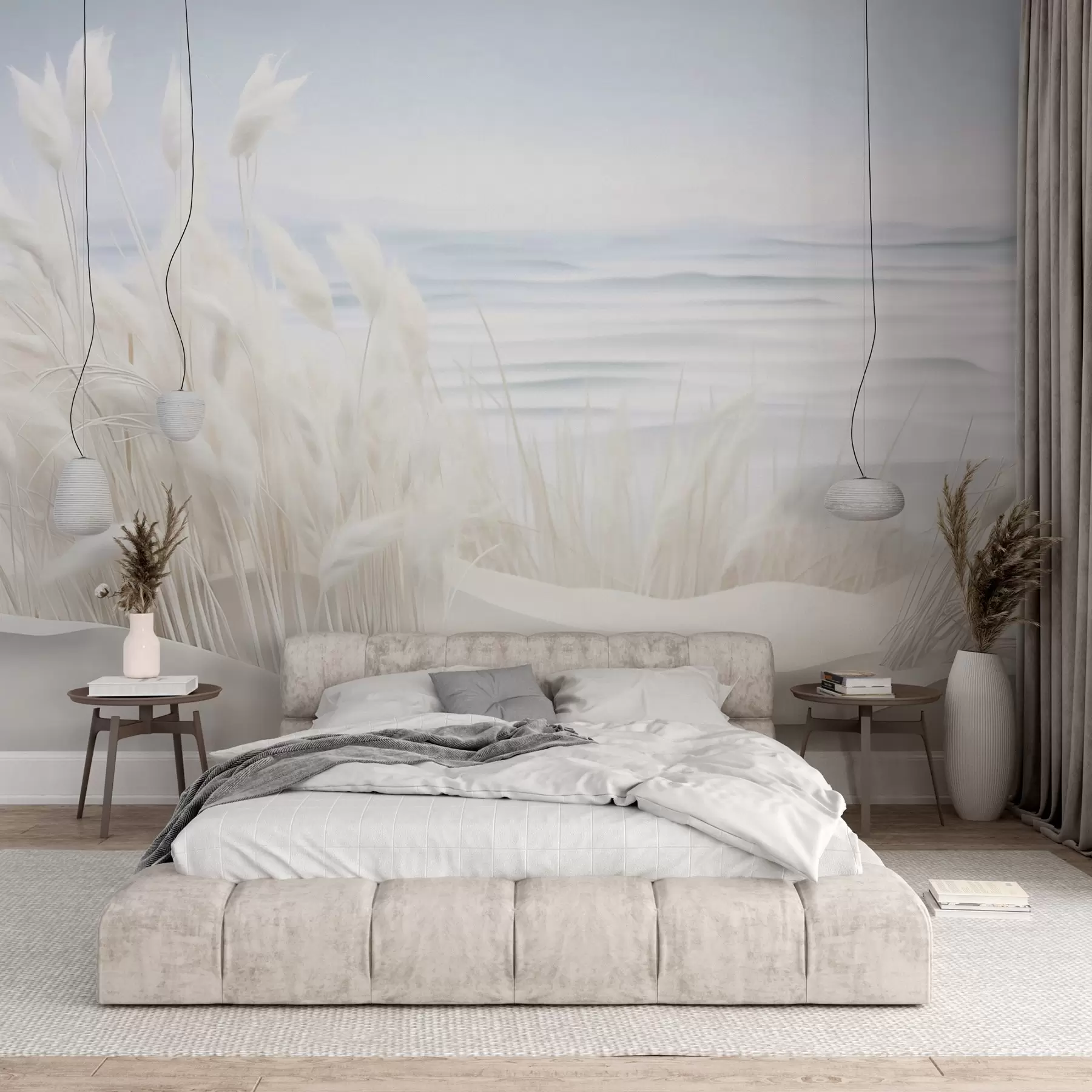 Fototapetes Ainava ar baltu pampas zāli uz smilšu kāpas, ar gaiši zilu okeānu fonā, maigs, minimālisma stils w09132