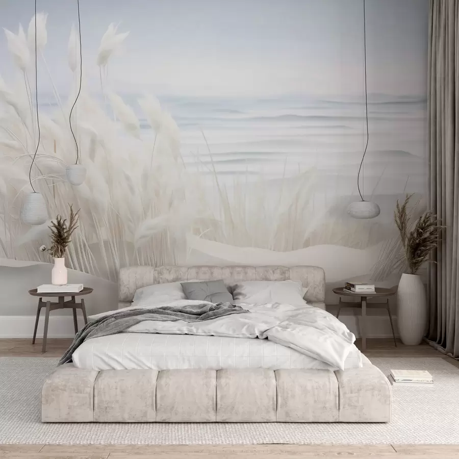 Fototapetes Ainava ar baltu pampas zāli uz smilšu kāpas, ar gaiši zilu okeānu fonā, maigs, minimālisma stils w09132