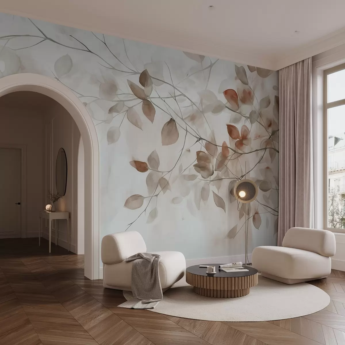 Fototapetes Brūnu lapu un zaru faktūru imitācija ar akvareli, maigas krāsas, maigas detaļas uz balta fona w09133