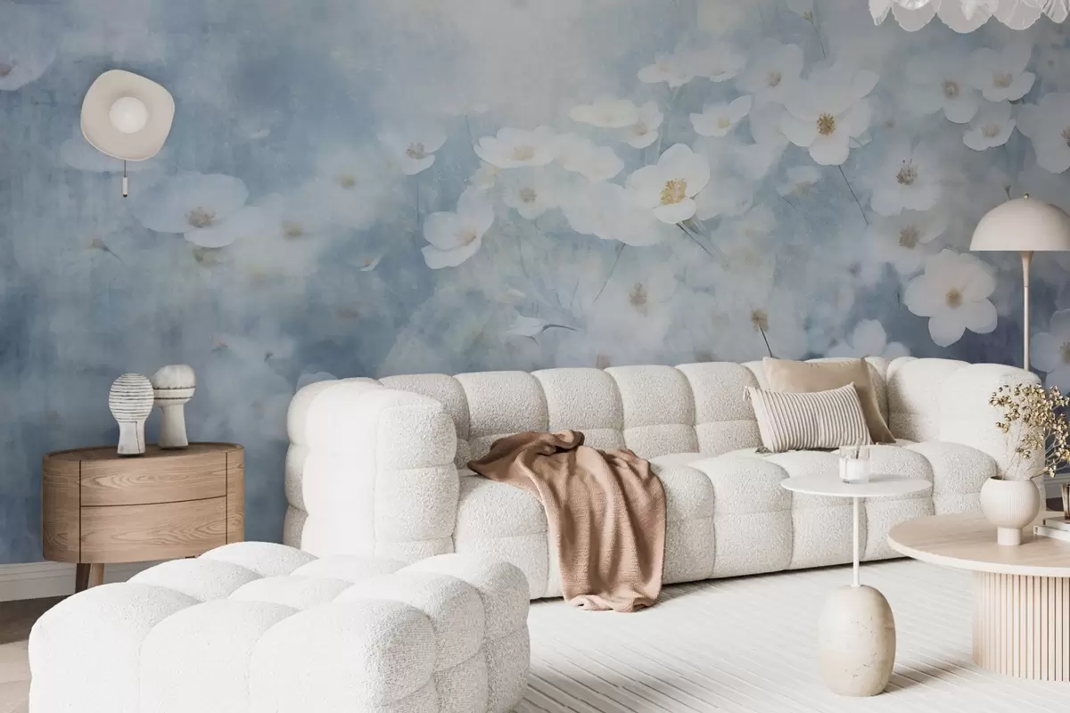 Fototapetes Baltās anemones ziedu faktūras lauks, mīksts fokuss, sapņaina atmosfēra, gaiši zilas un baltas krāsas, pavasara pļava w09134