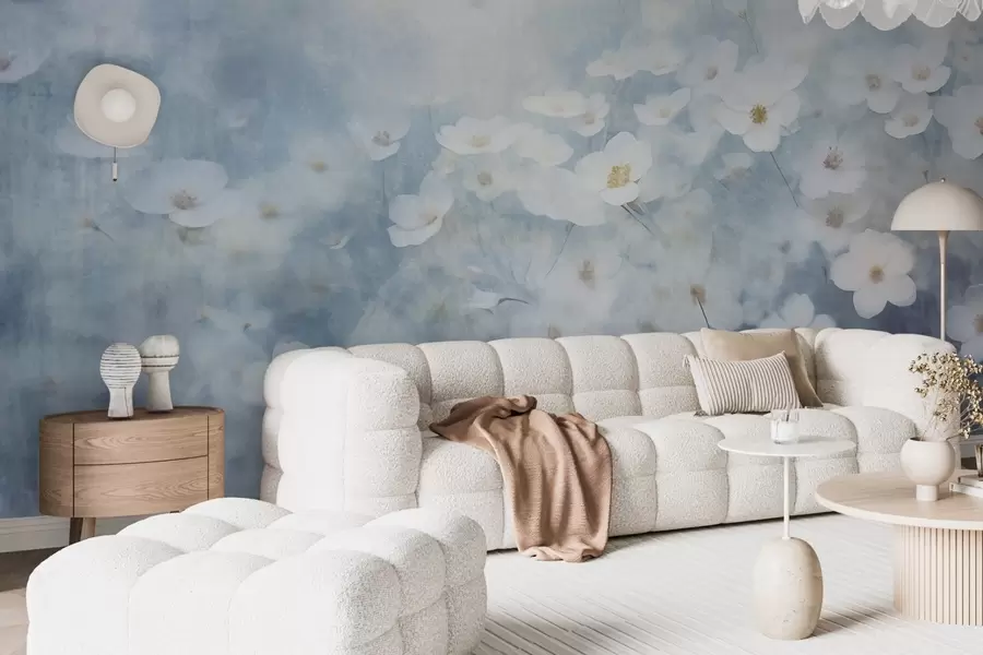 Fototapetes Baltās anemones ziedu faktūras lauks, mīksts fokuss, sapņaina atmosfēra, gaiši zilas un baltas krāsas, pavasara pļava w09134