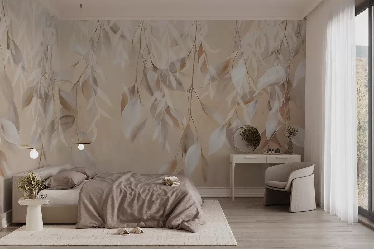 Fototapetes Piekarināmas tekstūras baltas un smilškrāsas lapas ar maigu krāsu paleti, persiku, pelēku un baltu maigu fonu  w09136