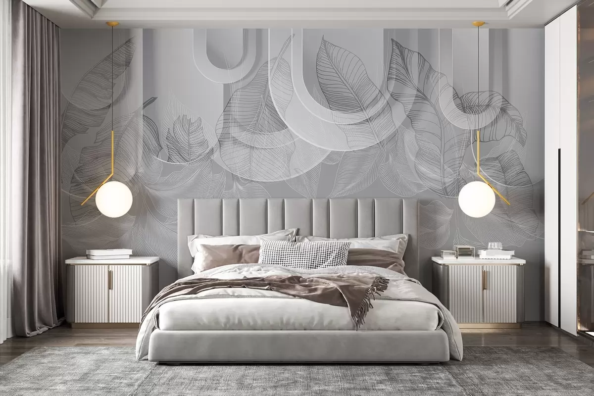 Fototapetes Abstraktais fons ar pelēkām arkām un baltām tropu lapām, minimālisma dizains, elegants un moderns, neitrāla krāsu palete w09138